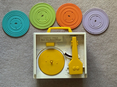 Vintage 1971 Fisher Price Record Player Music Box with 4 Records Works-image