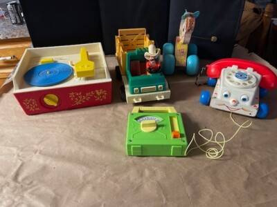 Lot of Vintage Fisher Price Toys record player, radio, phone, pony, truck-image