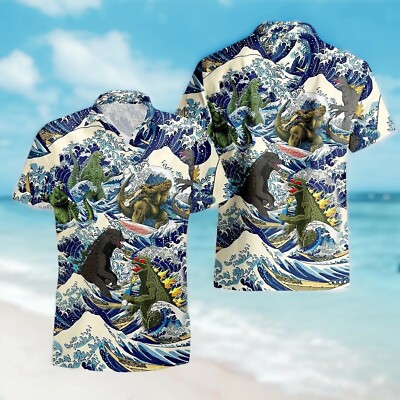 American Godzilla Lover Hawaiian Shirt, Funny Godzilla Surfing Shirt, Father Day-image