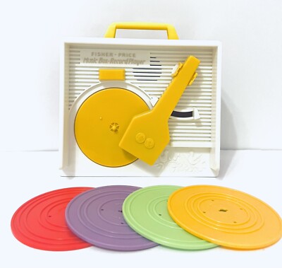 2014 Mattel Fisher Price Music Box Record Player With 4 Records Tested & Works-image