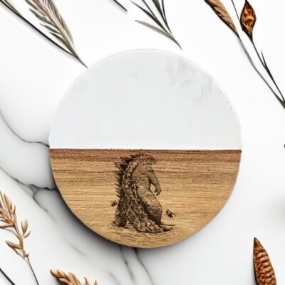 godzilla high quality marble&acacia wood laser engraved coasters custom gift-image