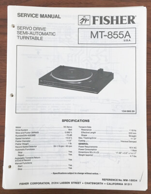 Fisher MT-855A Record Player / Turntable Service Manual *Original*-image