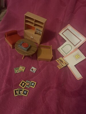 Vtg 1977 Fisher Price Dollhouse Furniture Cabinet, Record Player,Chairs, Cutouts-image