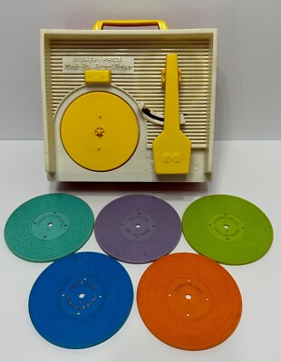 VTG 1971 FISHER PRICE Music Box Record Player 5 disc Wind Up 995 TESTED/WORKS US-image