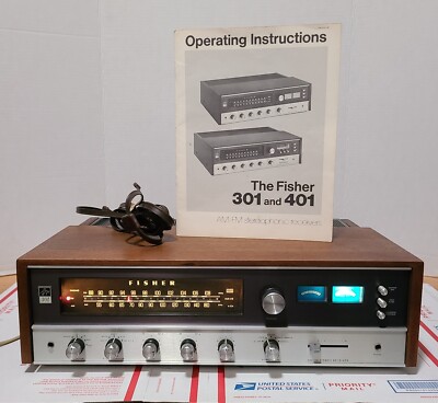 Vtg 70's Fisher 301 AM/FM Stereo Receiver w/Real Wood Cabinet & User Manual -image