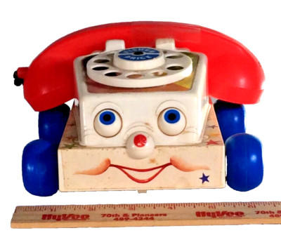 Vintage 1961 Fisher Price Chatter Telephone Pull Toy Moving Eyes Phone Works-image