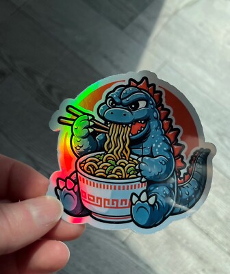 3Inch Godzilla eating ramen Holographic 3 Inch Waterproof Sticker-image