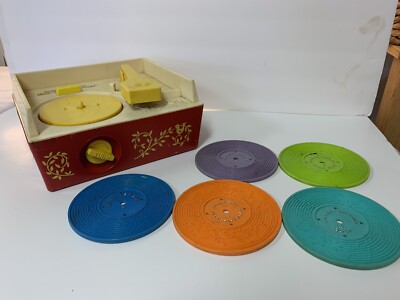 **FOR PARTS** Vintage Fisher Price Music Box Record Player 5 Records (D258)-image