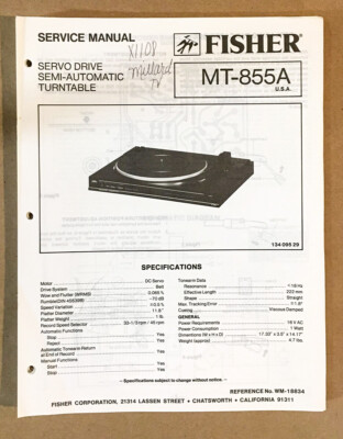 Fisher MT-855A MT-855 A Record Player / Turntable Service Manual *Original*-image