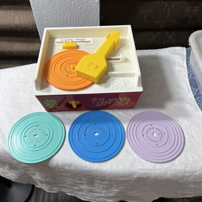 Vntg  Mattel Inc. Fisher Price Music Box- Record Player With 4 Records-works-image