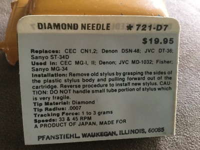 Vintage NOS Pfanstiehl Turntable Record Player Needle # 721-D7-image