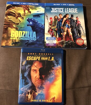 Action Movie Bundle 3 Blu-rays - Godzilla - Justice League - Escape From LA Used-image