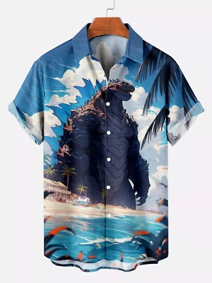 Vintage Godzilla Monster In Sea 3d Print Men Hawaiian Buttoned Shirt, Gift -image