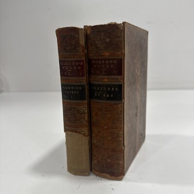 Works Of Dickens Leather Bound Pickwick Papers Sketches By Boz Lot of 2-image