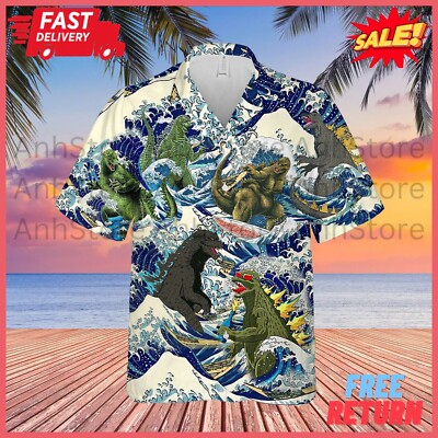 Godzilla Surfing Unisex Hawaiian Shirt 3d Vintage Beach Shirt Size S-5XL NEW-image
