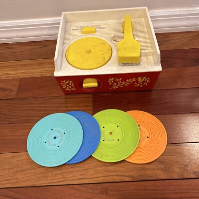 1970's Vintage Fisher Price Music Box Toy Record Player 4 Discs Working-image