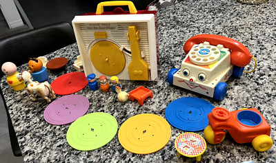 Vintage Fisher Price Record player /Telephone &Little People 1970's  20Pc.-image