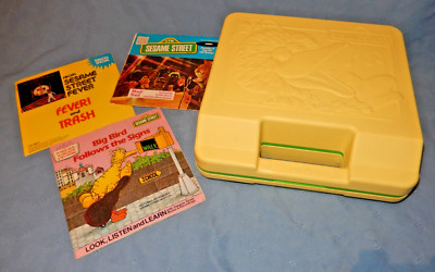 1983 Fisher Price Sesame Street Big Bird Portable Record Player w 3 45 Records-image