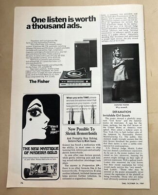 1969 THE FISHER 125 Turntable Magazine Print Ad 1/4 page w/MADEIRA GOLD PIPE-image