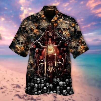 Cute Ghost Biker On Skulls 3D Hawaiian Shirt, Lasfour Skull Hawaiian Shirt Men -image