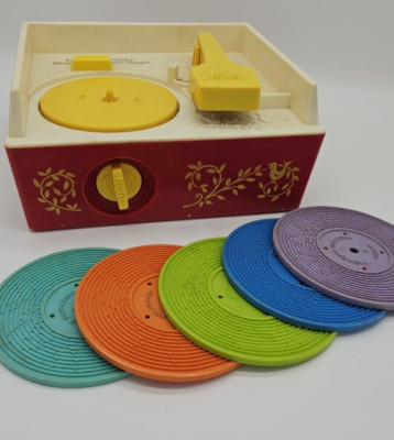VTG 1971 FISHER PRICE MUSIC BOX RECORD PLAYER #995 WITH ALL 5 RECORDS. WORKING.-image