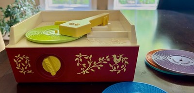 VTG 1971 FISHER PRICE MUSIC BOX RECORD PLAYER #995 w/ALL 5 RECORDS~WORKS! VIDEO!-image