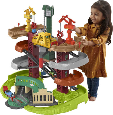 Multi-Level Toy Track Set, Trains & Cranes Super Tower with Thomas & Percy En...-image
