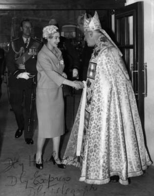 The Archbishop of Canterbury Dr Geoffrey Fisher receives Queen - 1958 Old Photo-image