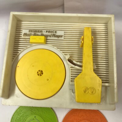 Vintage 1970s Fisher Price Music Box Record Player #995 (4 Records) Tested Works-image