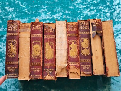 1902 YOUNG FOLKS LIBRARY Leather Book Lot 9 Books Hall & Locke 3Ed Vintage Antq-image