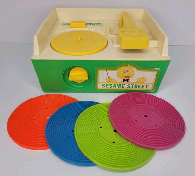 Vintage Fisher Price Sesame Street Music Box Record Player With 4 Records Works-image