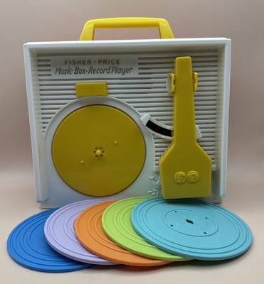 Retro Mattel Fisher Price Music Box Record Player 5 Records 10 Songs 2014 Works-image