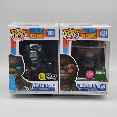 Funko Pop Heat Ray Godzilla (Glow/FYE) #1018 vs Kong w/Battle Axe #1021 Flocked-image