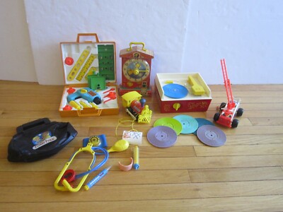 VTG Fisher Price Big Lot- Record Player, Tool Kit, Clock, Fire Engine, Toot Toot-image