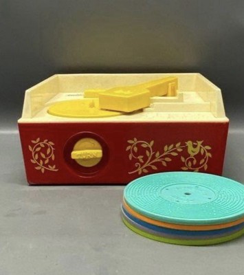 Vintage Fisher Price 1970's Wind Up Music Box Record Player w/5 Records Working-image