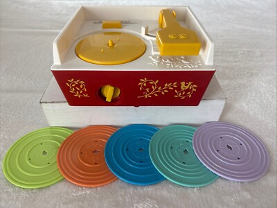 Fisher Price Vintage Music Box Record Player With 5 Records 2014 Repro Complete-image