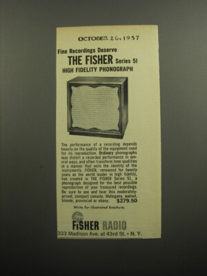 1957 Fisher Series 51 High Fidelity Phonograph Advertisement-image