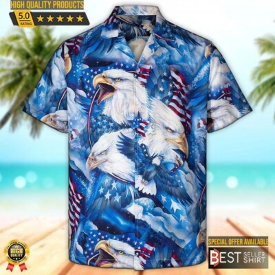 American Flag Eagle Blue Hawaiian Shirt For Men 4th Of July Shirts 3D-image