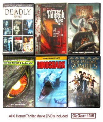 6 Horror DVD's Deadly Games, DinoShark, Mystery Horror Tales, DinoWars, Godzilla-image