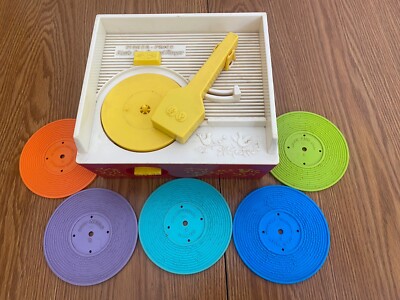 Mattel Fisher Price Music Box Record Player 5 Records 1971 Version Tested Works-image