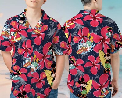 Mickey And Donald Duck Surfing Hibiscus Flowers Summer Vacation Hawaiian Shirt -image